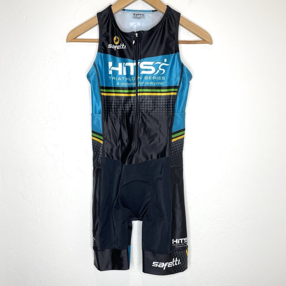 Safetti Tri Suit Womens Large Safety Black Blue Triathlon HITS